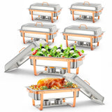 Garvee Set de 6 Chafing Dishes Rectangulares de 9L Calentadores de Comida para Buffet de Acero Inoxidable 201 con Patas Plegables y Detalles de Oro Rosa para Catering y Fiestas - Oro Rosa