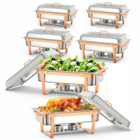 Garvee Set de 6 Chafing Dishes Rectangulares de 9L Calentadores de Comida para Buffet de Acero Inoxidable 201 con Patas Plegables y Detalles de Oro Rosa para Catering y Fiestas