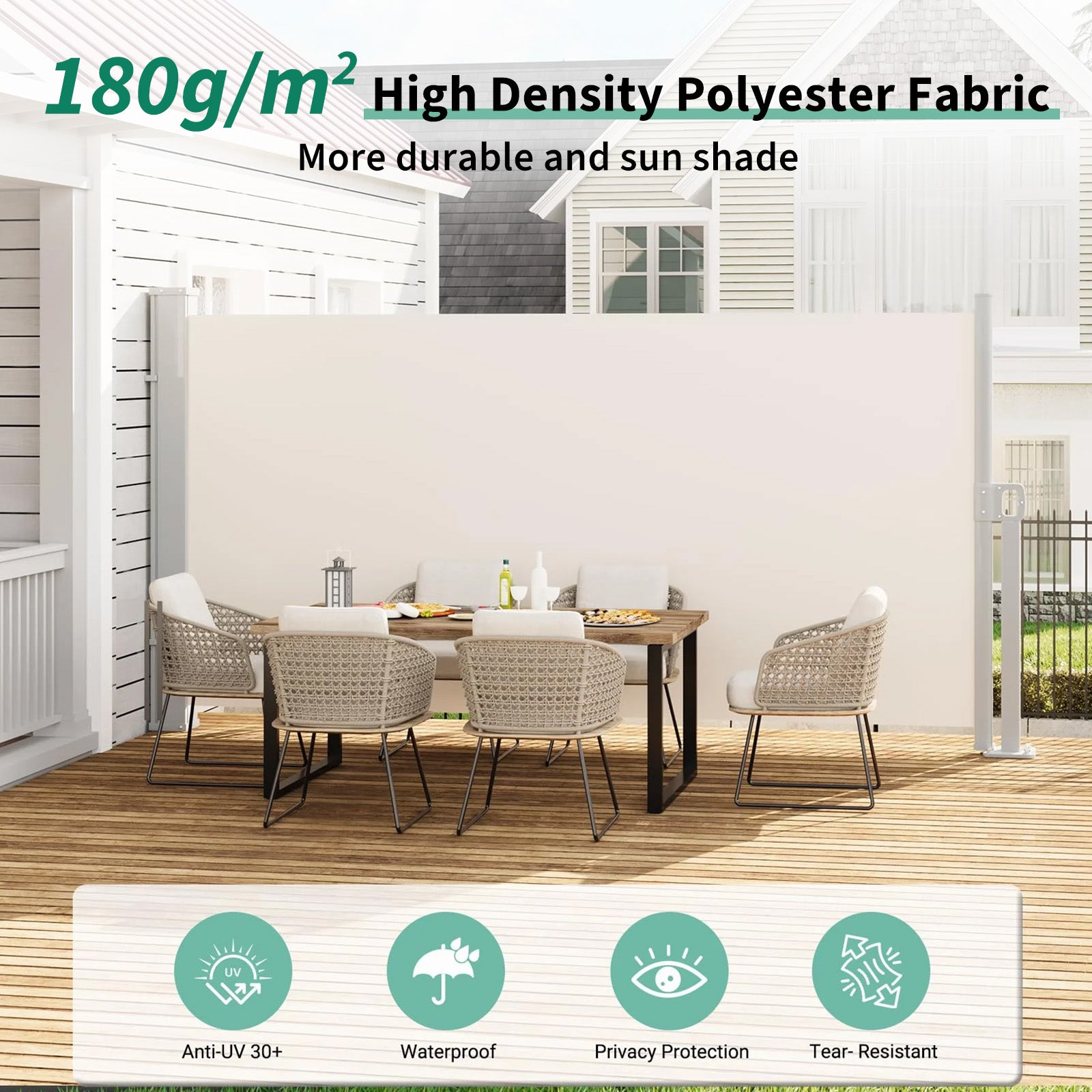 Garvee Toldo Lateral Retráctil 180x350cm, Paraviento Exterior de Metal para Jardín, Terraza y Balcón, Pantalla de Privacidad Impermeable Beige