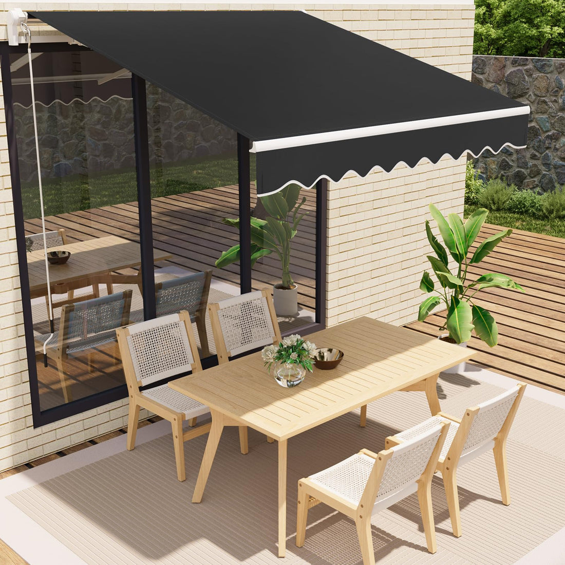 Garvee Toldo Retráctil Manual 300x240 cm para Patio y Terraza Marco de Aluminio Lona Impermeable Protección UV50+ con Manivela Negro