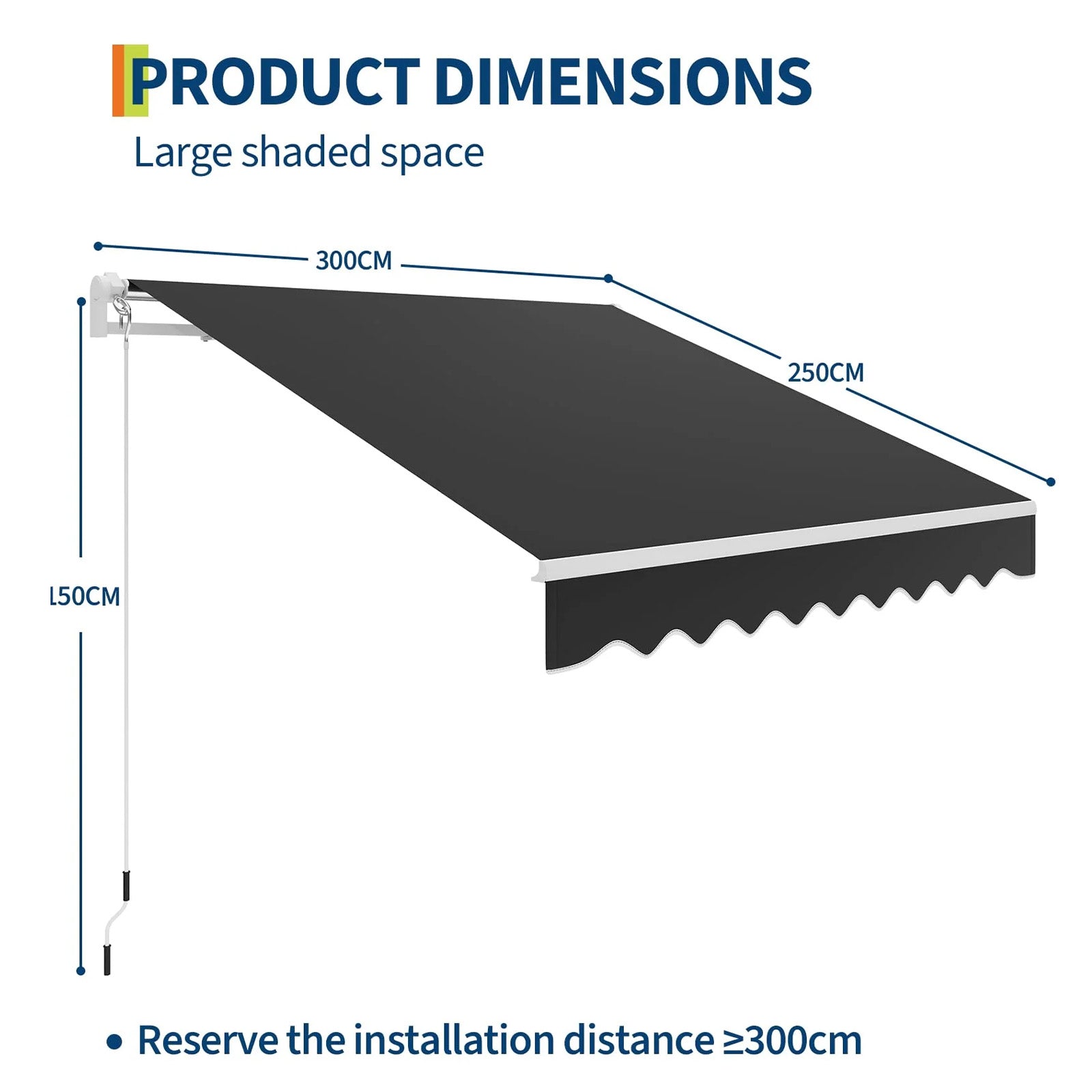 Garvee Toldo Retráctil Manual 300x240 cm para Patio y Terraza Marco de Aluminio Lona Impermeable Protección UV50+ con Manivela Negro