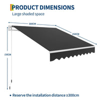 Garvee Toldo Retráctil Manual 300x240 cm para Patio y Terraza Marco de Aluminio Lona Impermeable Protección UV50+ con Manivela Negro