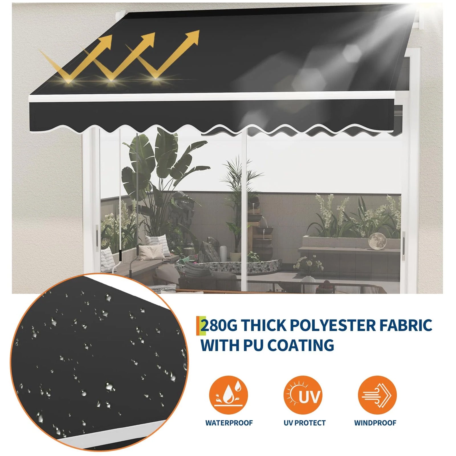 Garvee Toldo Retráctil Manual 300x240 cm para Patio y Terraza Marco de Aluminio Lona Impermeable Protección UV50+ con Manivela Negro