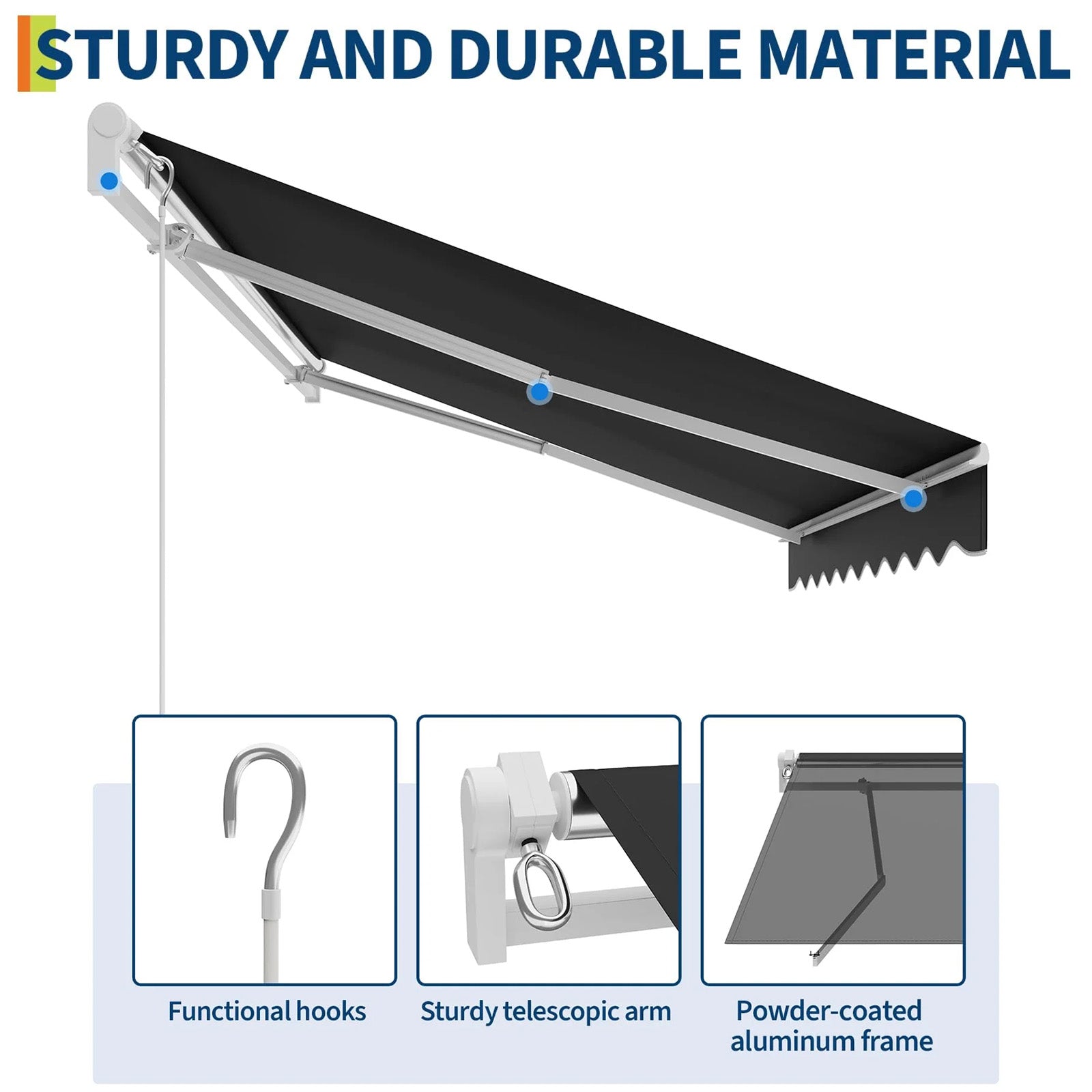 Garvee Toldo Retráctil Manual 300x240 cm para Patio y Terraza Marco de Aluminio Lona Impermeable Protección UV50+ con Manivela Negro
