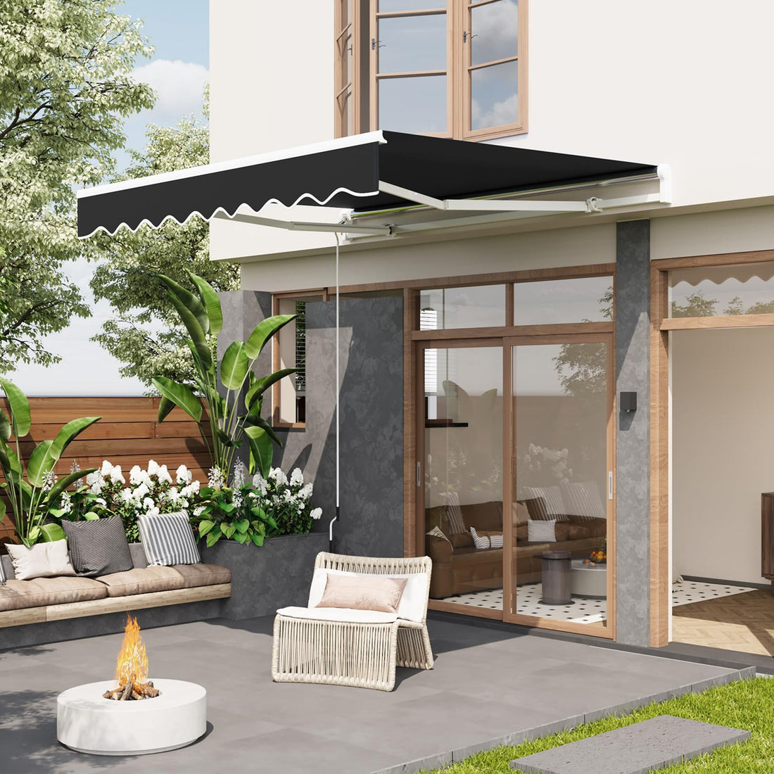 Garvee Toldo Retráctil Manual 300x240 cm para Patio y Terraza Marco de Aluminio Lona Impermeable Protección UV50+ con Manivela Negro