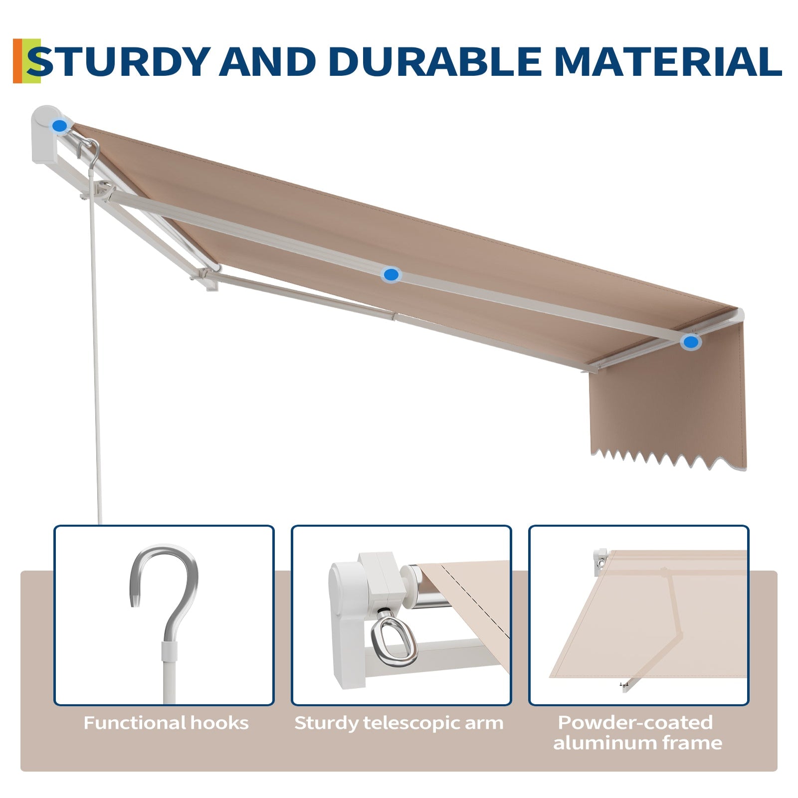 Garvee Toldo Retráctil Manual 300x240 cm para Patio y Terraza, Marco de Aluminio, Lona Impermeable 280g/m² con Protección UV50+ y Manivela, Caqui