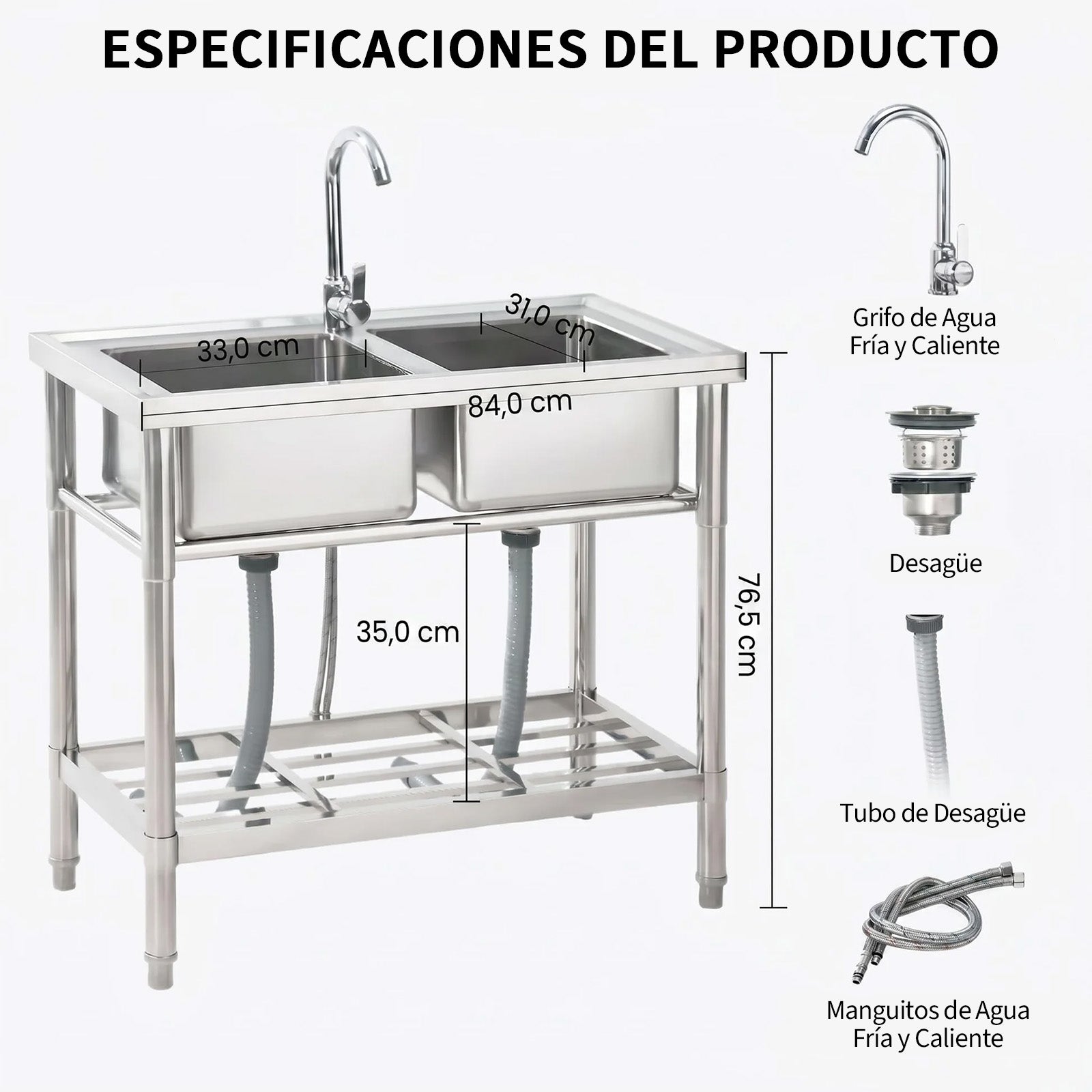 Garvee Fregadero Doble Independiente de Acero Inoxidable 201, 83x45x76 cm, con Grifo Integrado, para Cocina, Lavandería y Taller,Plata