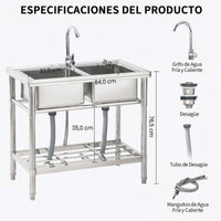 Garvee Fregadero Doble Independiente de Acero Inoxidable 201, 83x45x76 cm, con Grifo Integrado, para Cocina, Lavandería y Taller,Plata