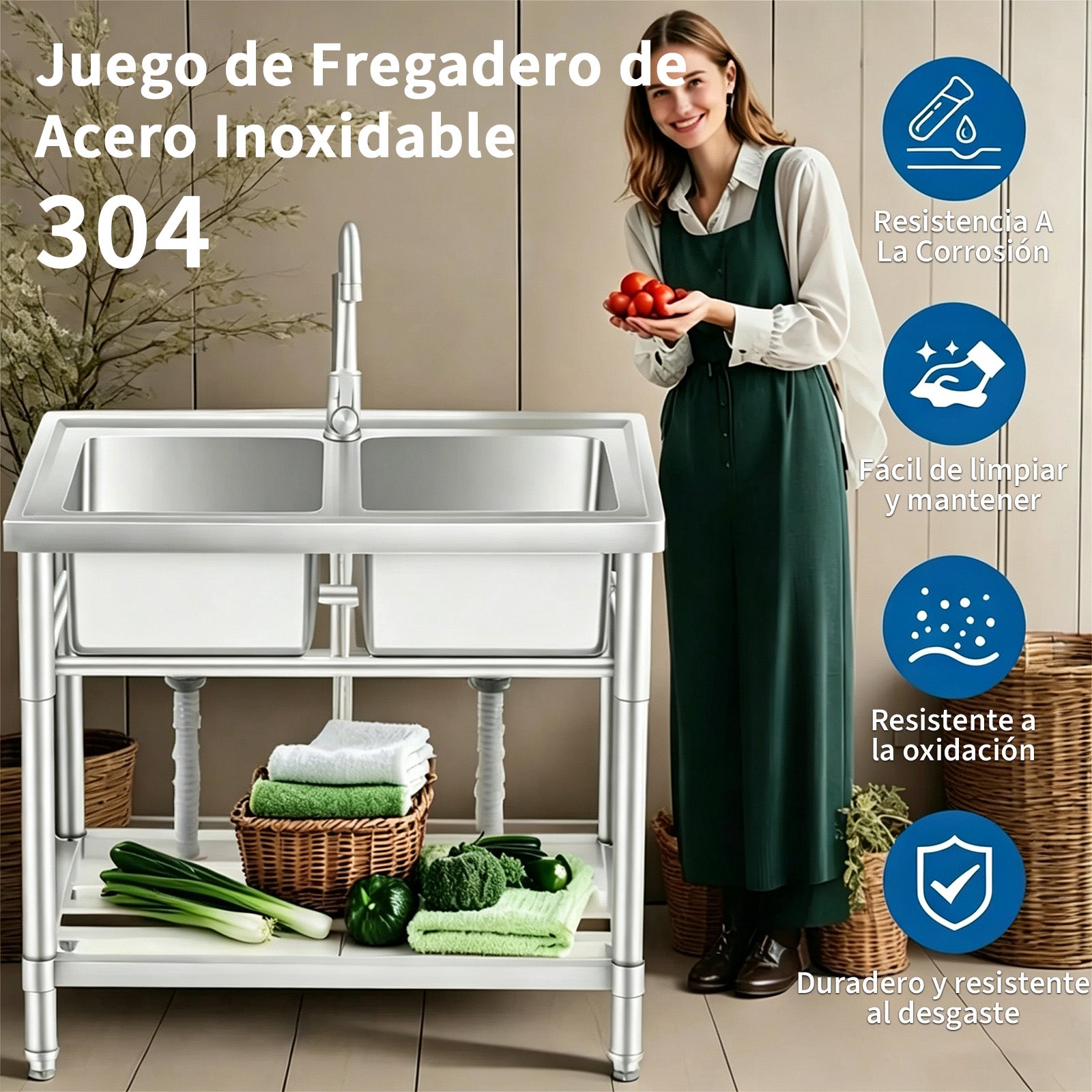 Garvee Fregadero Doble Independiente de Acero Inoxidable 201, 83x45x76 cm, con Grifo Integrado, para Cocina, Lavandería y Taller,Plata
