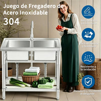Garvee Fregadero Doble Independiente de Acero Inoxidable 201, 83x45x76 cm, con Grifo Integrado, para Cocina, Lavandería y Taller,Plata