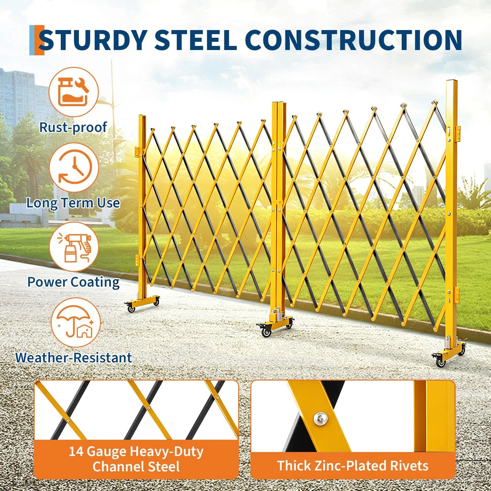 Garvee Barricada Metálica Móvil Extensible 5.1m x 103cm con Ruedas Valla de Seguridad Plegable para Obras y Eventos Acero