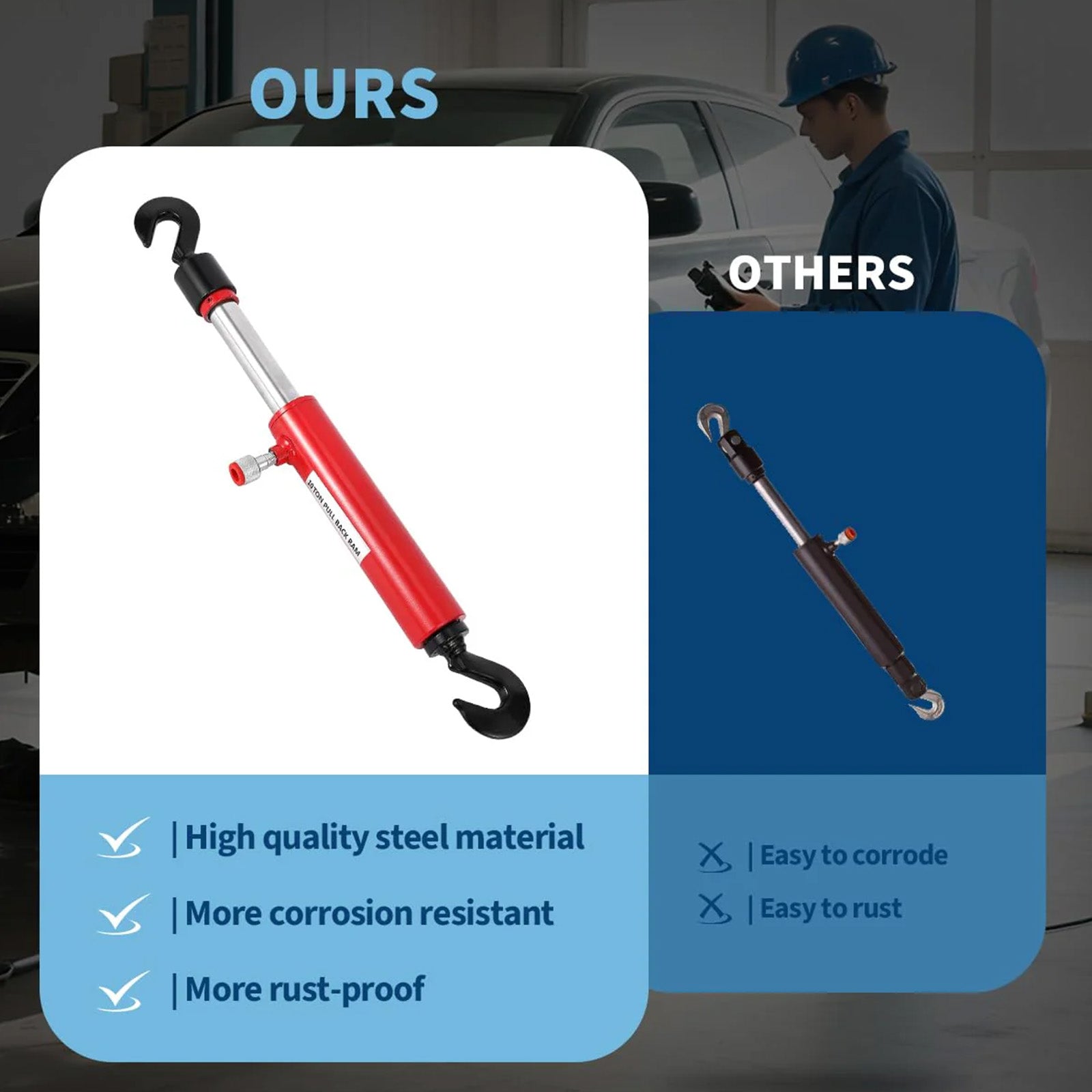 Garvee Cilindro Hidráulico de Retroceso de 10 Toneladas Pistón de Tracción con Ganchos Giratorios de 360 Grados de Acero al Carbono para Reparación de Carrocería y Chasis Negro