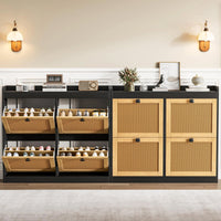 Garvee Zapatero de Ratán con 4 Cajones Abatibles, Estantes Ajustables para 26-32 Pares, Cierre Silencioso y Antivuelco, Negro y Madera Natural
