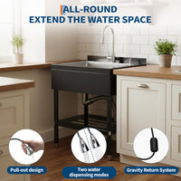 Garvee Fregadero de Acero Inoxidable 304 con Grifo Giratorio 360° y Ducha Extraíble para Garaje y Lavandería, Gran Cubeta Profunda, Negro