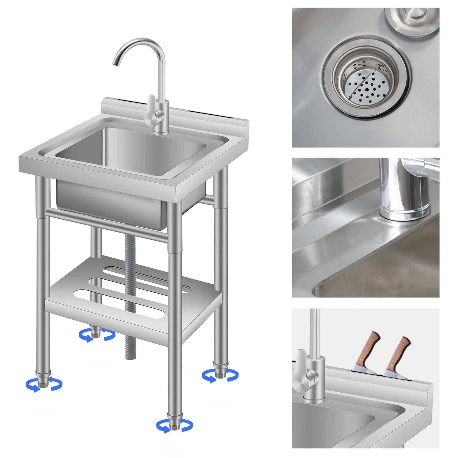 Garvee Fregadero Utilitario de Acero Inoxidable 201 de 50x50x80 cm Fregadero de un Seno con Grifo y Estante de Almacenamiento Inferior para Lavandería, Garaje y Taller, Plata