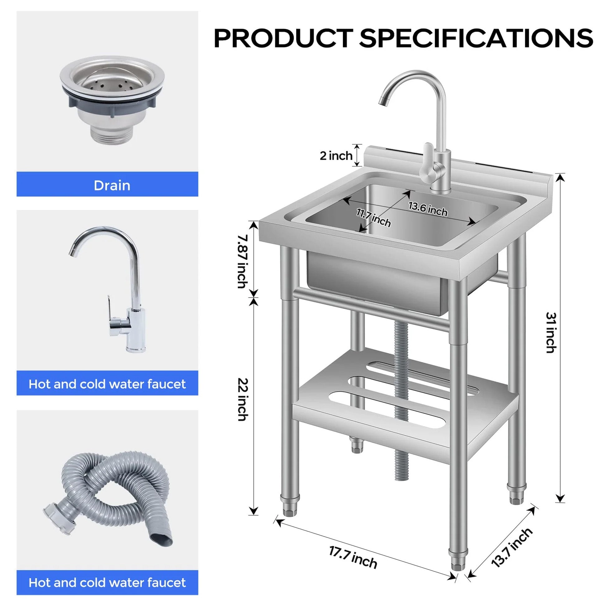 Garvee Fregadero Utilitario de Acero Inoxidable 201 de 50x50x80 cm Fregadero de un Seno con Grifo y Estante de Almacenamiento Inferior para Lavandería, Garaje y Taller, Plata