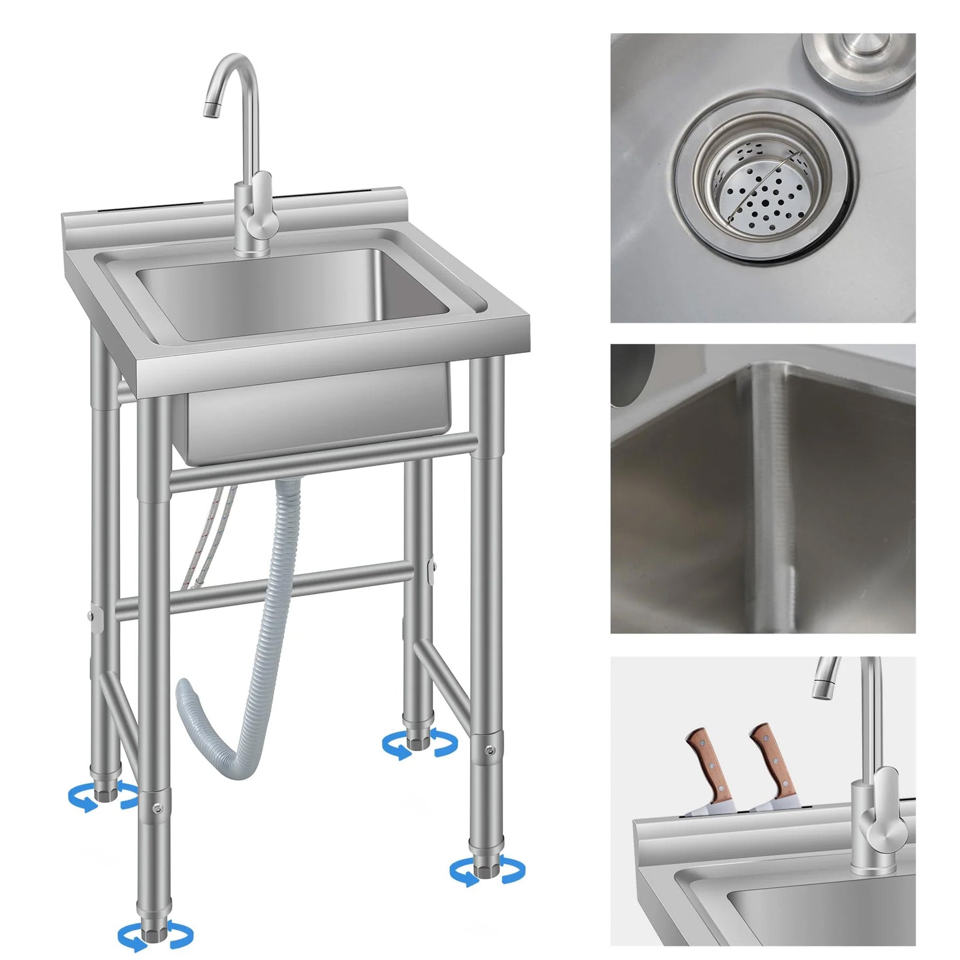 Garvee Fregadero Utilitario de Acero Inoxidable 201 de 50x50x80 cm Fregadero de un Seno Independiente con Grifo y Estructura Abierta Sin Estante para Cocina, Garaje y Taller, Plata