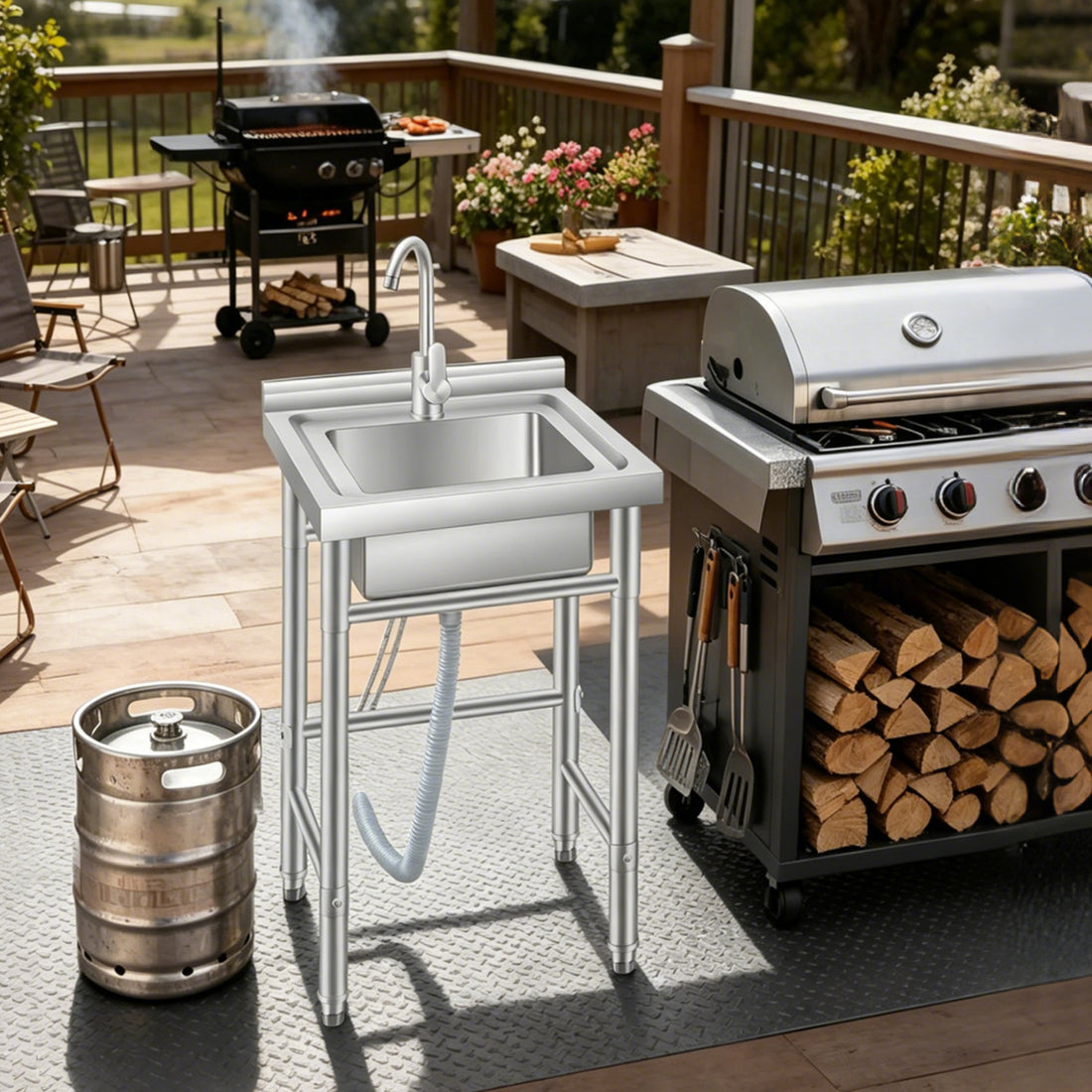 Garvee Fregadero Utilitario de Acero Inoxidable 201 de 50x50x80 cm Fregadero de un Seno Independiente con Grifo y Estructura Abierta Sin Estante para Cocina, Garaje y Taller, Plata