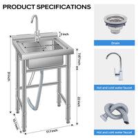 Garvee Fregadero Utilitario de Acero Inoxidable 201 de 50x50x80 cm Fregadero de un Seno Independiente con Grifo y Estructura Abierta Sin Estante para Cocina, Garaje y Taller, Plata