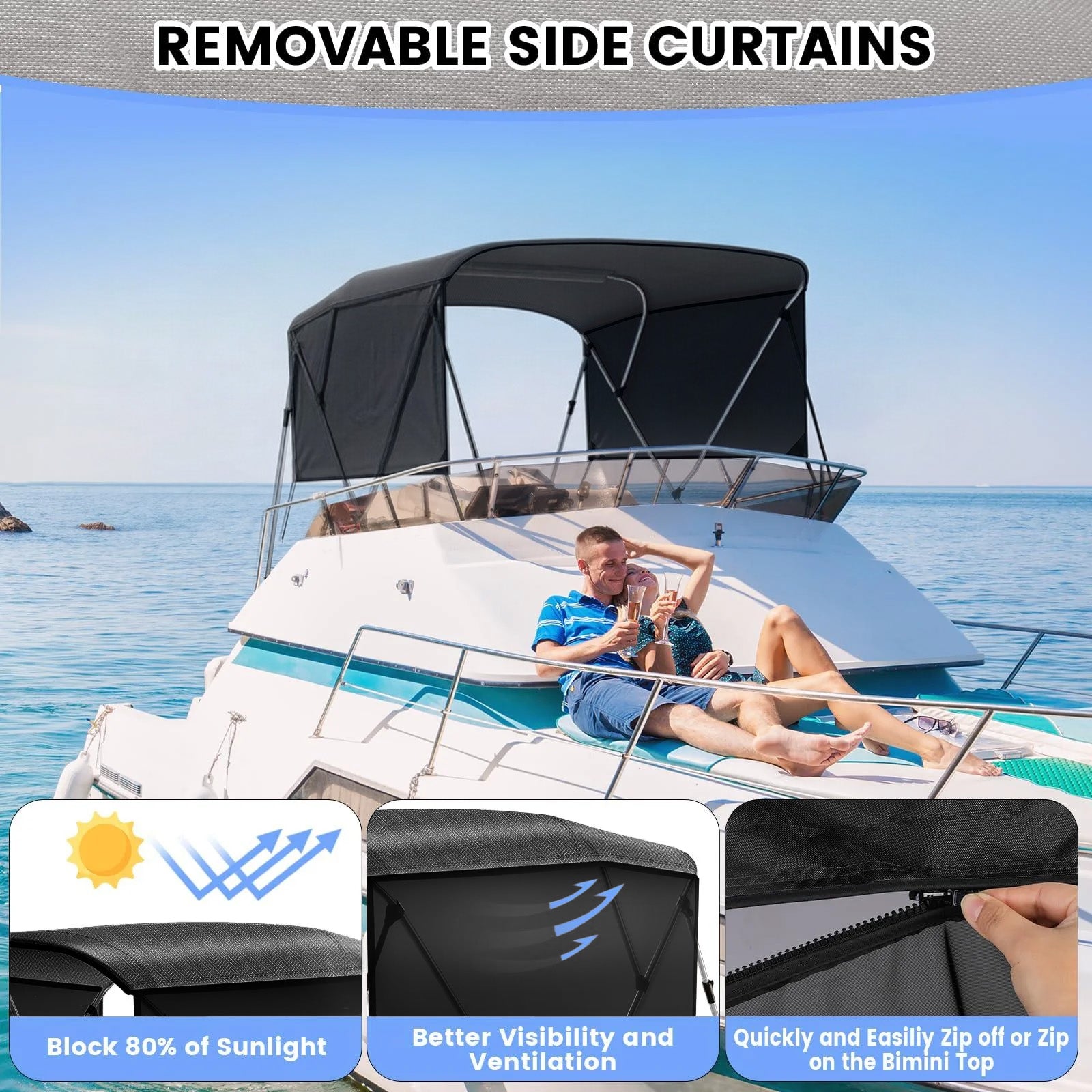 Garvee Toldo Bimini para Barco de 3 Arcos, Lona Marina 600D Impermeable con Cortinas Laterales Desmontables y Funda de Almacenamiento, Negro
