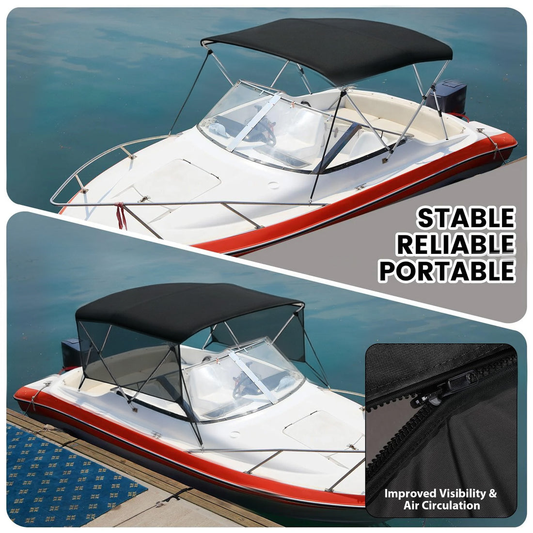 Garvee Toldo Bimini de 3 Arcos para Barco, Cubierta Marina Impermeable de Poliéster 600D con Cortinas Laterales Desmontables y Funda de Almacenamiento, 183x185-198x117 cm, Negro