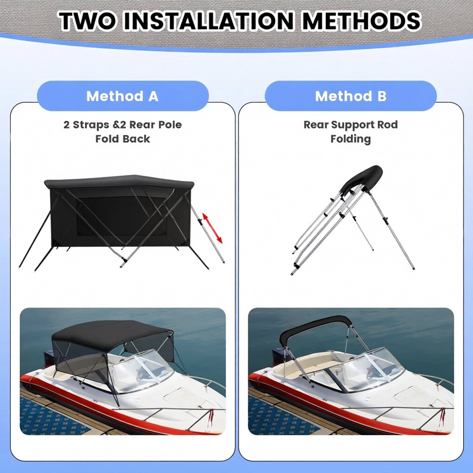 Garvee Toldo Bimini para Barco de 3 Arcos, Lona Marina 600D Impermeable con Cortinas Laterales Desmontables y Funda de Almacenamiento, Negro
