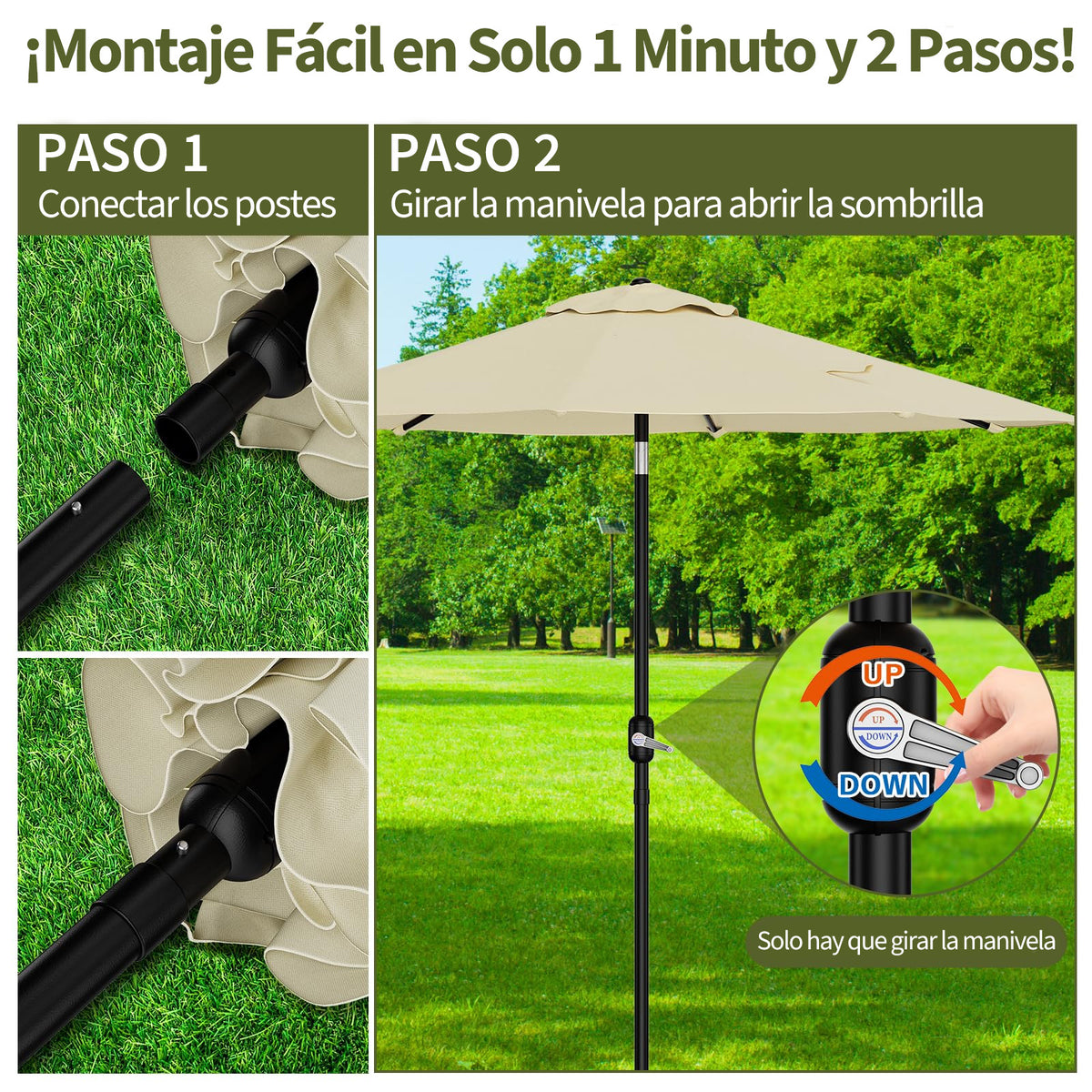 Garvee Sombrilla para Jardín de 2,15 m (7 ft), Parasol Inclinable de Hierro con Manivela y Protección UV, Color Beige