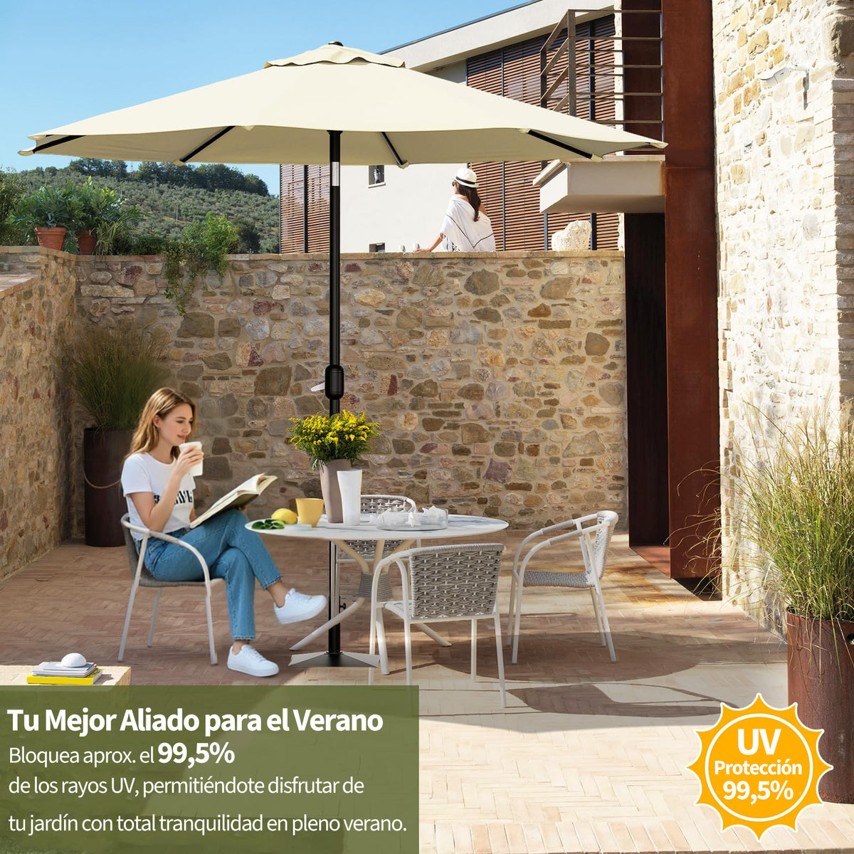 Garvee Sombrilla para Jardín de 2,15 m (7 ft), Parasol Inclinable de Hierro con Manivela y Protección UV, Color Beige
