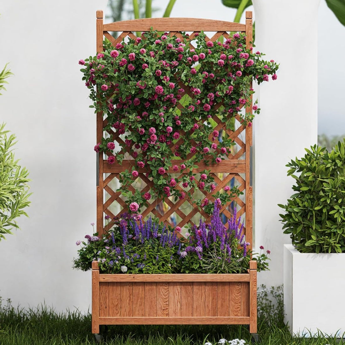 Garvee Jardinera de Madera Con Enrejado y Ruedas Para Patio y Jardín 75x33x150 Cm Café