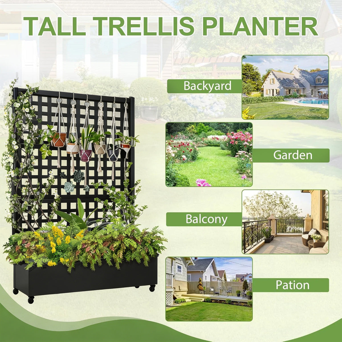 Garvee Pantalla de Privacidad para Balcón con Jardinera Metálica Elevada 3 Paneles Ruedas y Rayas Horizontales 183x120 cm Negro