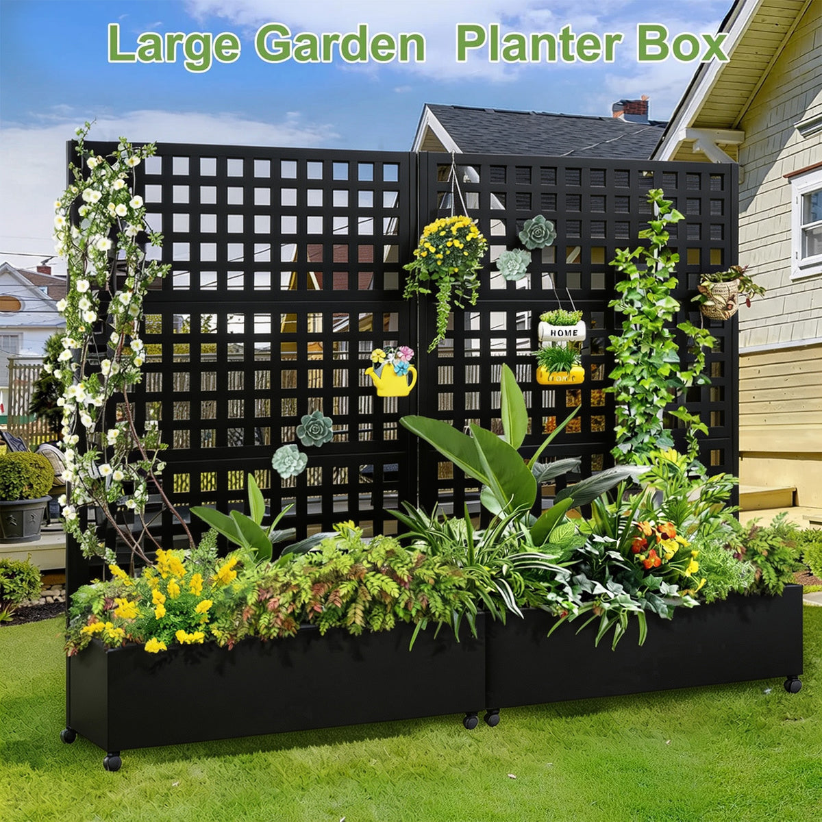 Garvee Pantalla de Privacidad para Balcón con Jardinera Metálica Elevada 3 Paneles Ruedas y Rayas Horizontales 183x120 cm Negro