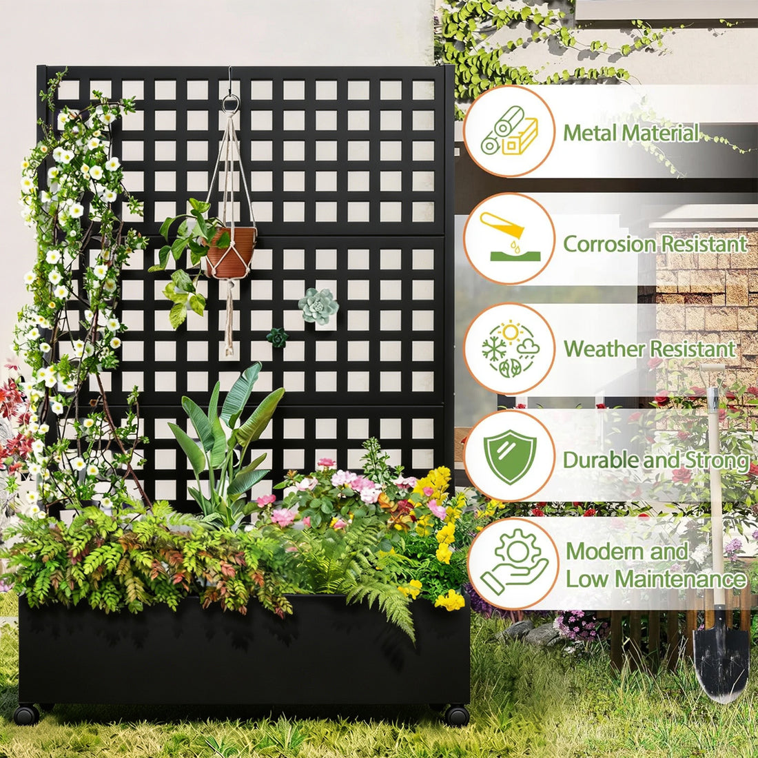Garvee Pantalla de Privacidad para Balcón con Jardinera Metálica Elevada 3 Paneles Ruedas y Rayas Horizontales 183x120 cm Negro