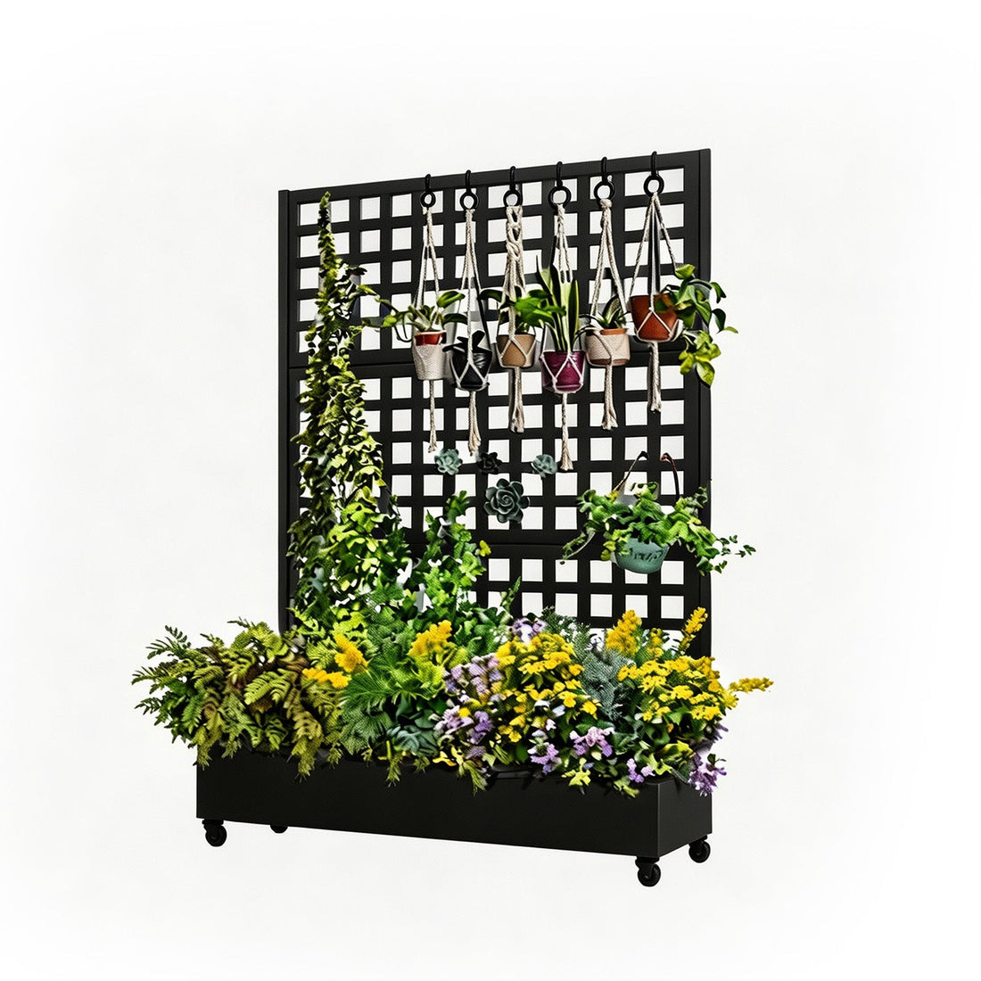 Garvee Pantalla de Privacidad para Balcón con Jardinera Metálica Elevada 3 Paneles Ruedas y Rayas Horizontales 183x120 cm Negro