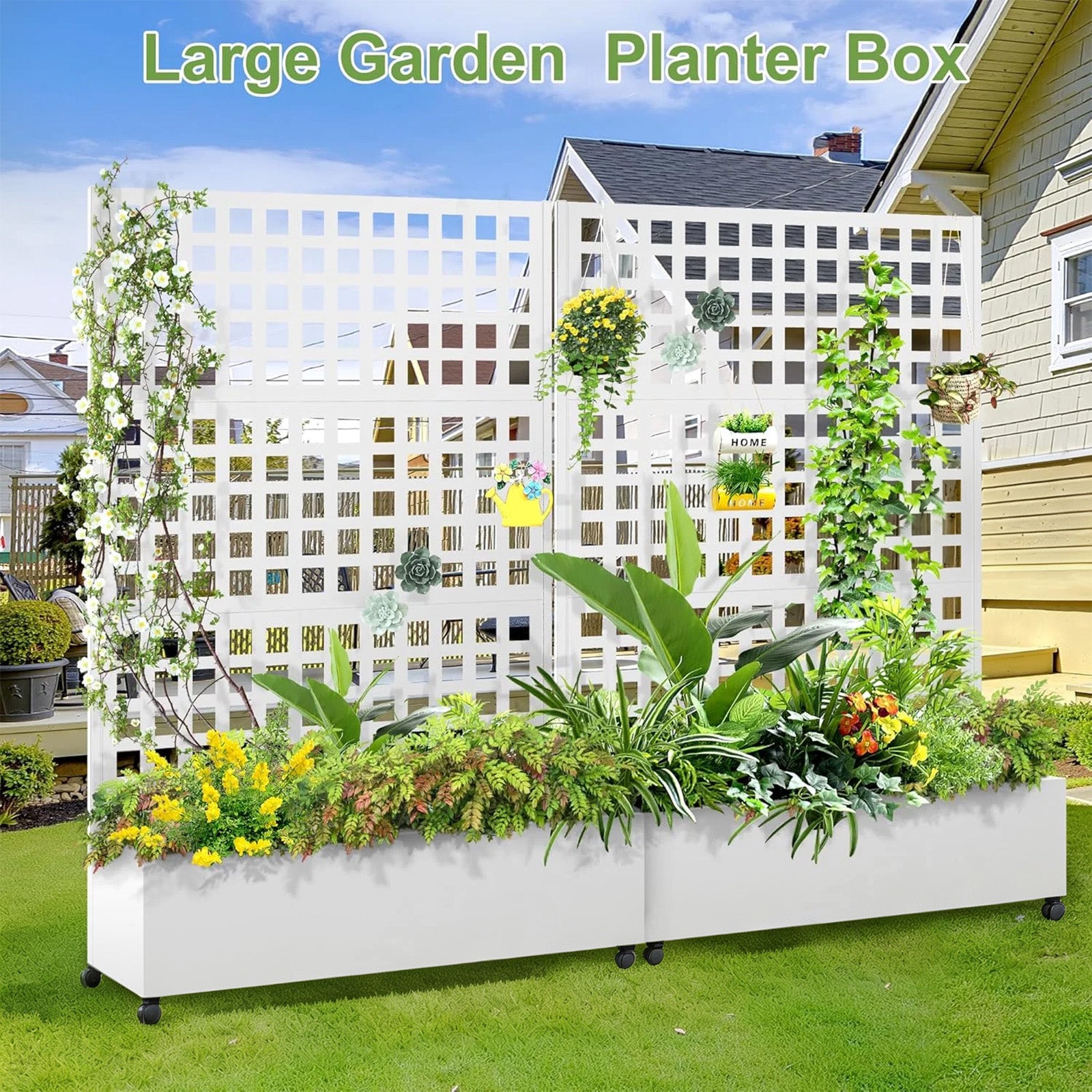 Garvee Maceta de Jardín con Trepadero Metálico Patrón de Hojas 3 Paneles Ajustables 120x40x180 cm Profundidad 30 cm Fácil Montaje para Jardín y Terraza Blanco