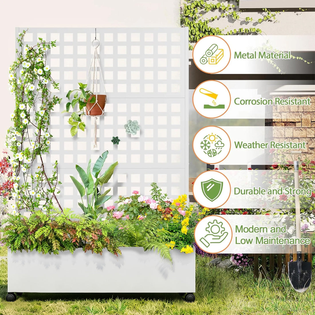 Garvee Maceta de Jardín con Trepadero Metálico Patrón de Hojas 3 Paneles Ajustables 120x40x180 cm Profundidad 30 cm Fácil Montaje para Jardín y Terraza Blanco
