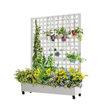 Garvee Maceta de Jardín con Trepadero Metálico Patrón de Hojas 3 Paneles Ajustables 120x40x180 cm Profundidad 30 cm Fácil Montaje para Jardín y Terraza Blanco - Blanco/ Lamas