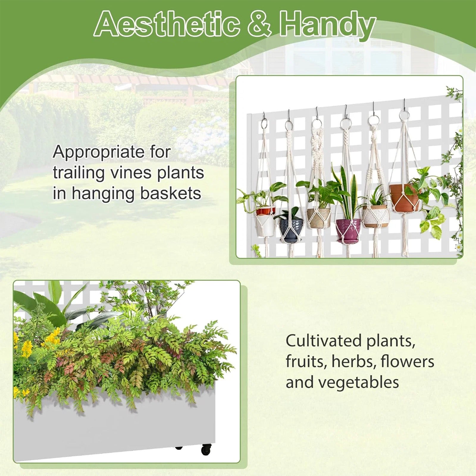 Garvee Maceta de Jardín con Trepadero Metálico Patrón de Hojas 3 Paneles Ajustables 120x40x180 cm Profundidad 30 cm Fácil Montaje para Jardín y Terraza Blanco
