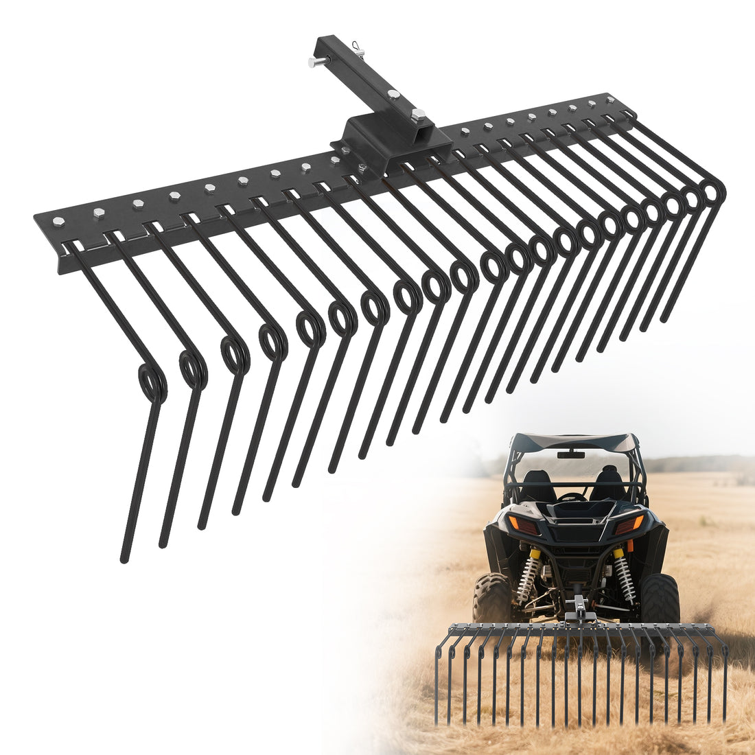 Garvee Rastrillo de Paja de Acero Antióxido con 21 Dientes de 152,4 cm, Rastrillo Agrícola Limpiador de Césped para Paisajistas y Jardinería, Negro
