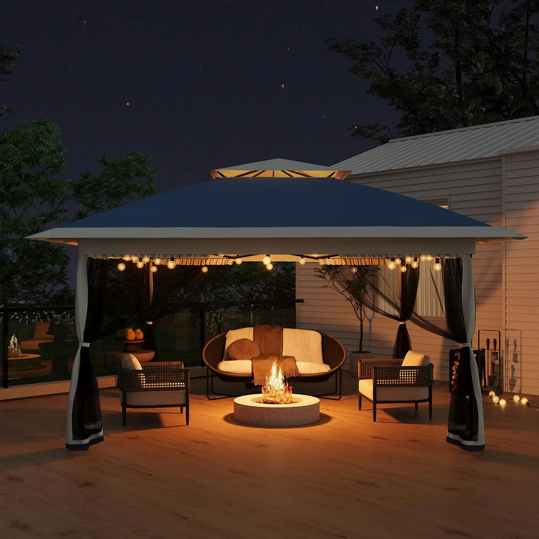 Garvee Cenador Plegable 3x3m con Mosquitera y Doble Techo, Carpa Pop-Up Impermeable UV50+ de Acero para Jardín y Terraza Azul Marino y Gris