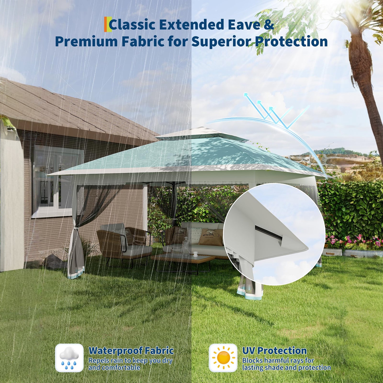 Garvee Cenador Plegable 3x3m con Mosquitera y Doble Techo, Carpa Pop-Up Impermeable UV50+ de Acero para Jardín y Terraza Azul Pastel y Gris
