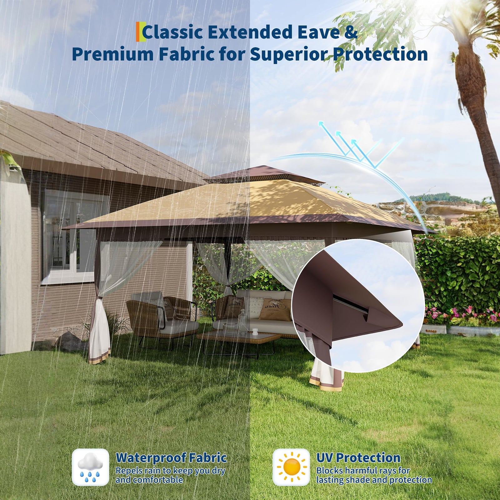 Garvee Cenador Plegable 3x3m con Mosquitera y Doble Techo, Carpa Pop-Up Impermeable UV50+ de Acero para Jardín, Patio y Camping Khaki