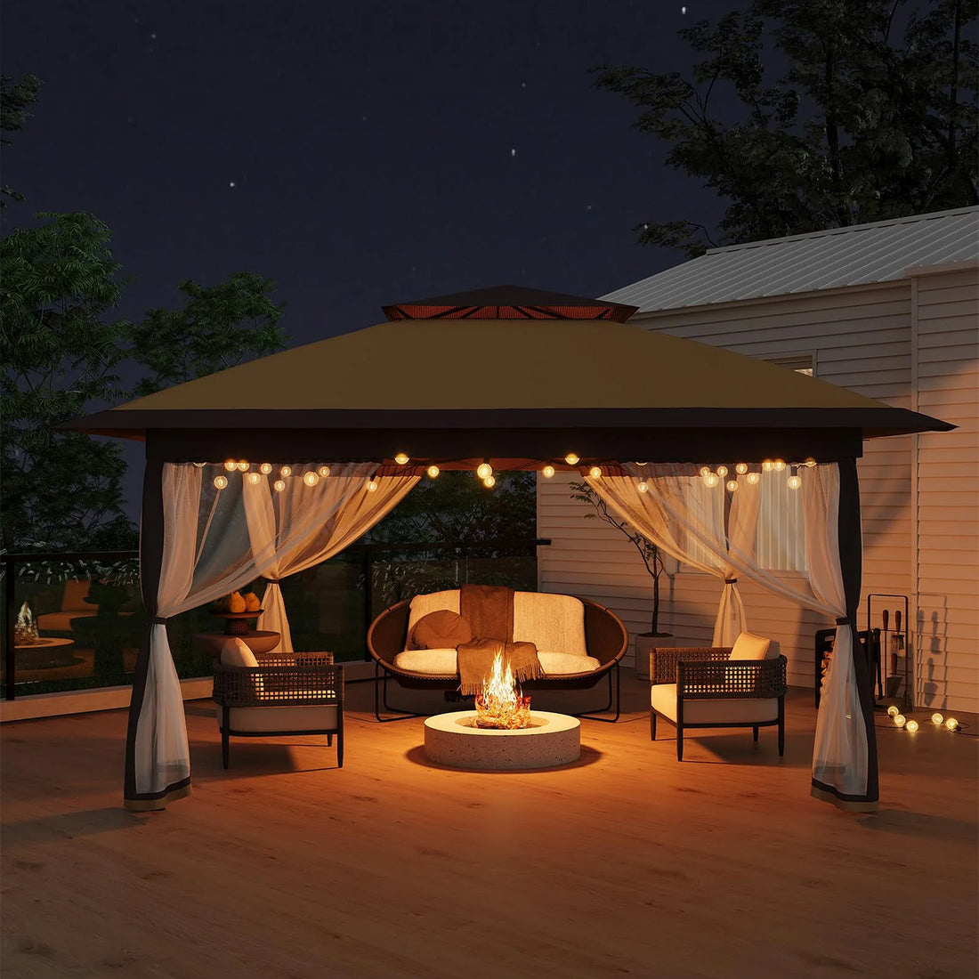 Garvee Cenador Plegable 3x3m con Mosquitera y Doble Techo, Carpa Pop-Up Impermeable UV50+ de Acero para Jardín, Patio y Camping Khaki