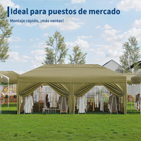 Garvee Pabellón Plegable de 3x6 m con 6 Paredes Laterales y Ventanas Catedral, Carpa Impermeable para Jardín y Exteriores, Altura Ajustable de 320 cm, Caqui