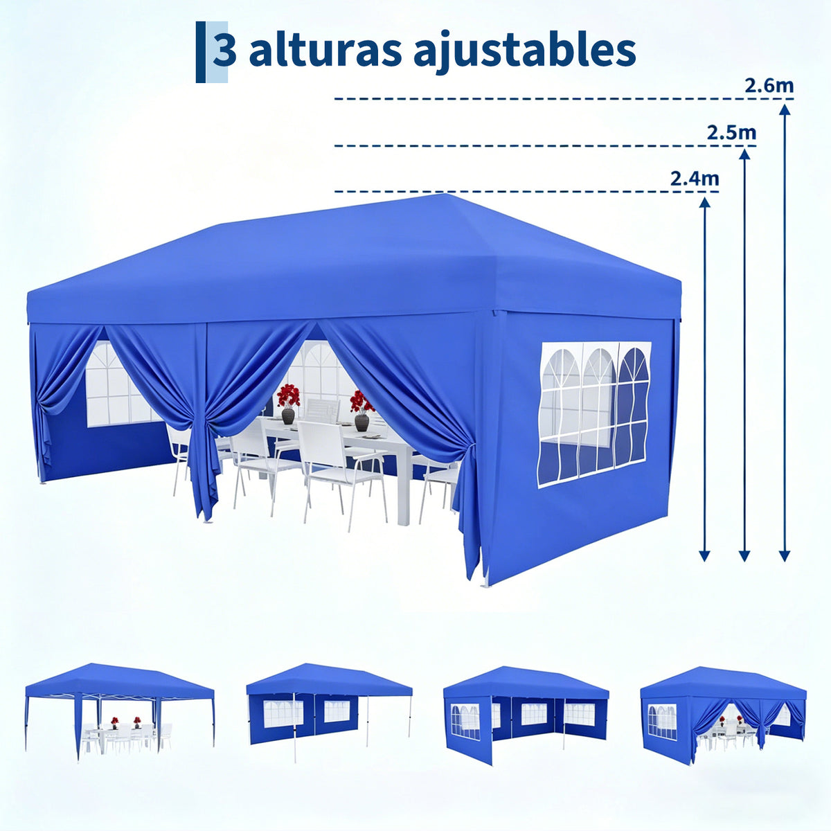 Garvee Pabellón Plegable de 3x6 m con 6 Paredes Laterales y Ventanas Catedral, Carpa Impermeable para Eventos y Jardín, Altura Ajustable de 320 cm, Azul