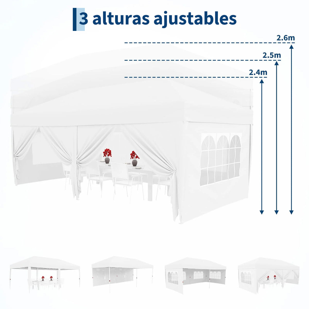 Garvee Pabellón Plegable de 3x6 m con 6 Paredes Laterales y Ventanas Catedral, Carpa Impermeable para Eventos y Jardín, Altura Ajustable de 3,2 m, Blanco