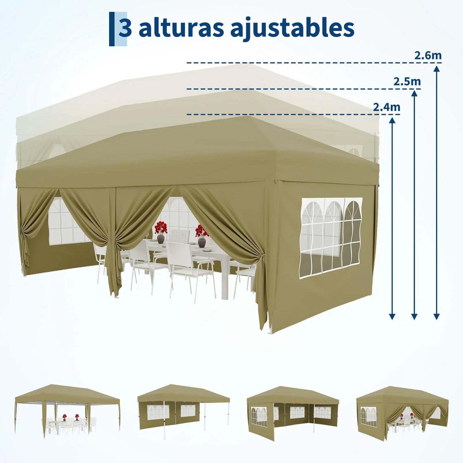 Garvee Pabellón Plegable de 3x6 m con 6 Paredes Laterales y Ventanas Catedral, Carpa Impermeable para Jardín y Exteriores, Altura Ajustable de 320 cm, Caqui