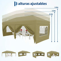 Garvee Pabellón Plegable de 3x6 m con 6 Paredes Laterales y Ventanas Catedral, Carpa Impermeable para Jardín y Exteriores, Altura Ajustable de 320 cm, Caqui