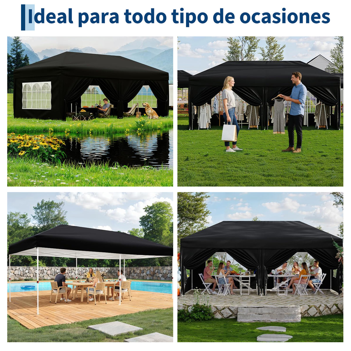Garvee Pabellón Plegable de 3x6 m con 6 Paredes Laterales y Ventanas de Iglesia, Carpa Impermeable para Eventos y Jardín, Altura Ajustable de 3,2 m, Negro
