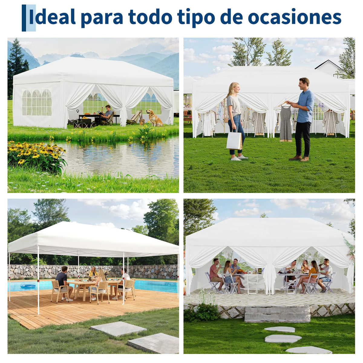 Garvee Pabellón Plegable de 3x6 m con 6 Paredes Laterales y Ventanas Catedral, Carpa Impermeable para Eventos y Jardín, Altura Ajustable de 3,2 m, Blanco