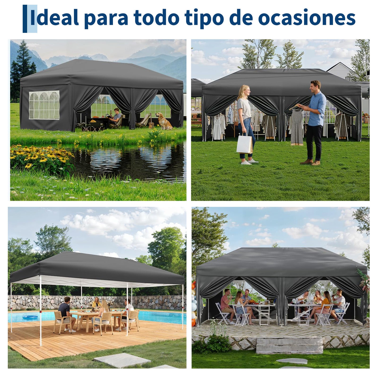 Garvee Carpa Plegable 3x6m Impermeable con 6 Paredes y Ventanas para Jardín, Eventos y Mercadillos - Gris